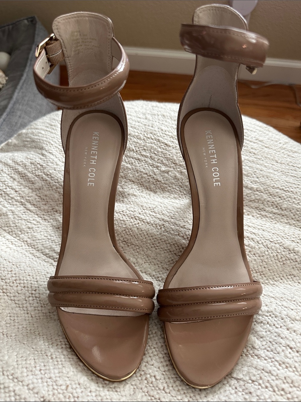 Kenneth Cole Patent Leather Ankle-Strap Heels in Nude Taupe